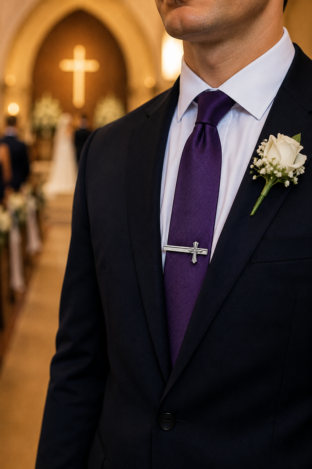 Man in a suit with a purple tie and white flower boutonniere in a church setting