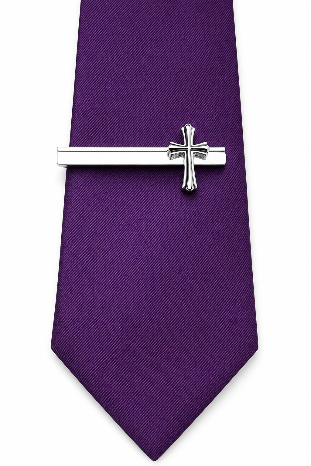 Purple tie with a silver cross-shaped tie clip on a white background