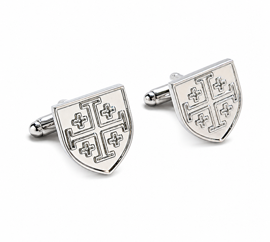 Silver Jerusalem cross cufflinks for men shield design Christian cuff links on white background