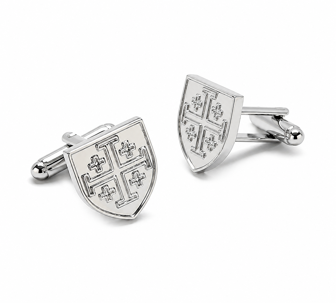 Silver Jerusalem cross cufflinks for men shield design Christian cuff links on white background