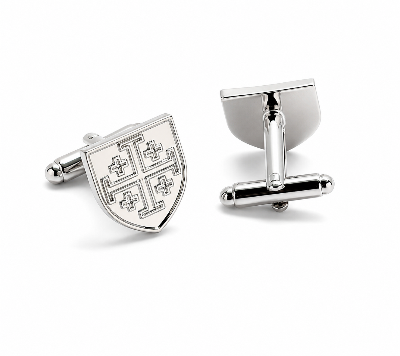 Silver Jerusalem cross cufflinks for men shield design Christian cuff links on white background