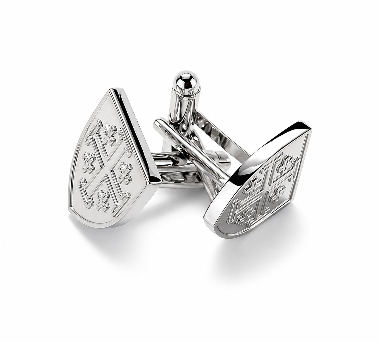 Silver Jerusalem cross cufflinks for men shield design Christian cuff links on white background