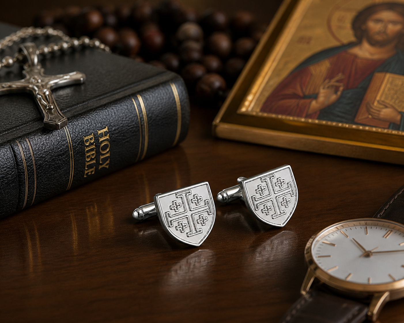 Silver Jerusalem cross cufflinks for men shield design Christian cuff links on white background
