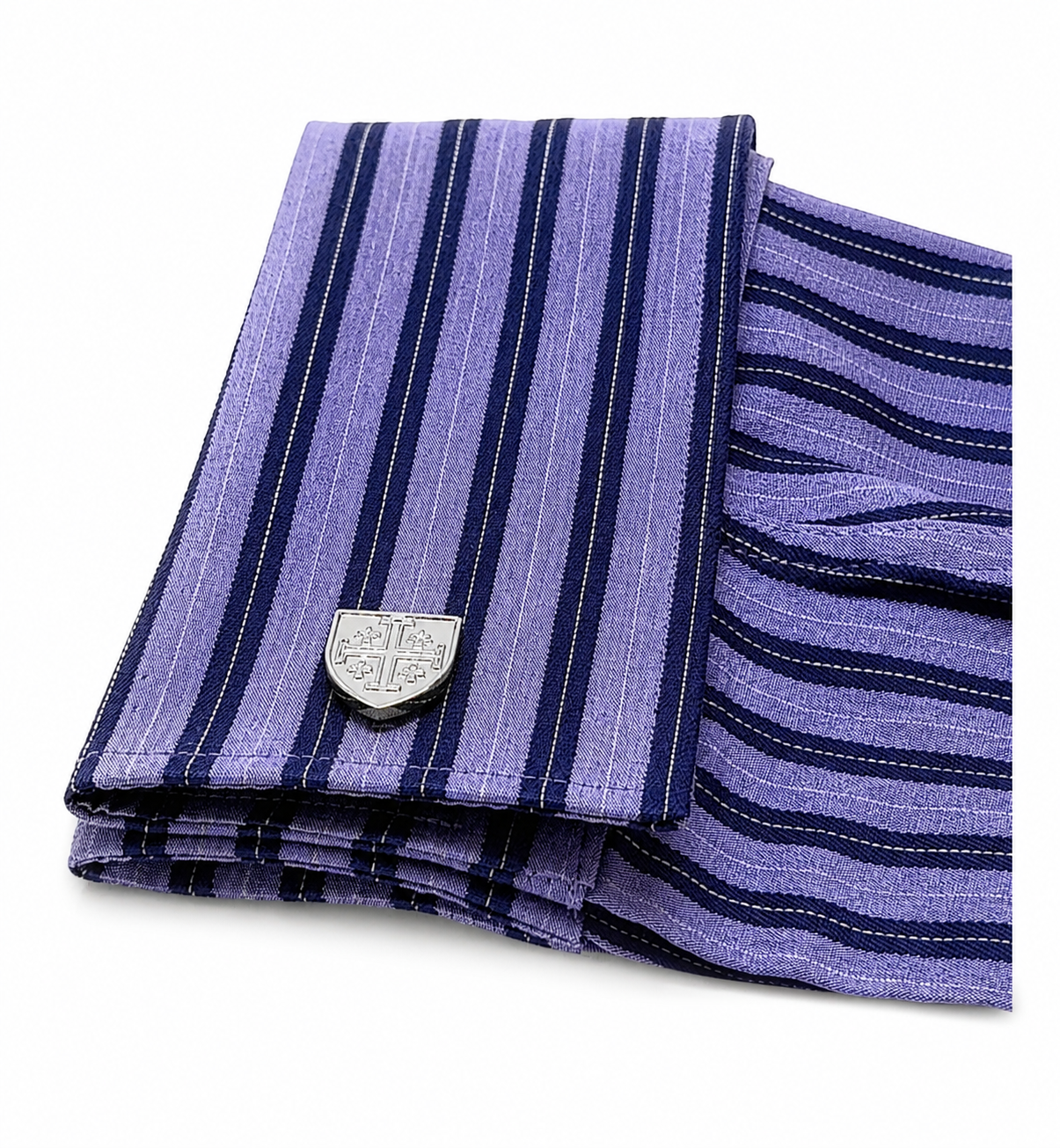 Silver Jerusalem cross cufflinks for men shield design Christian cuff links on white background purple shirt