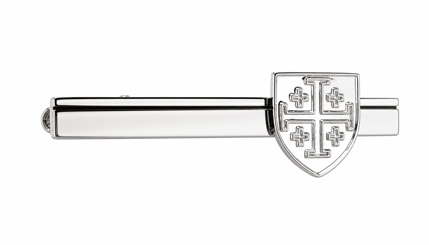 Silver Jerusalem cross tie clip on white background Christian tie bar for men
