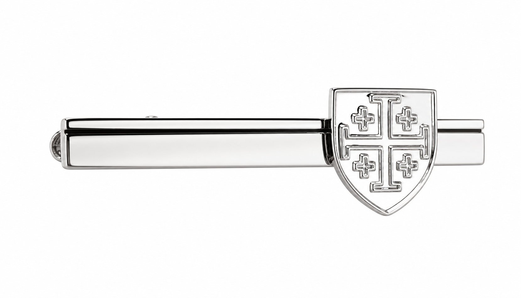 Silver Jerusalem cross tie clip on white background Christian tie bar for men