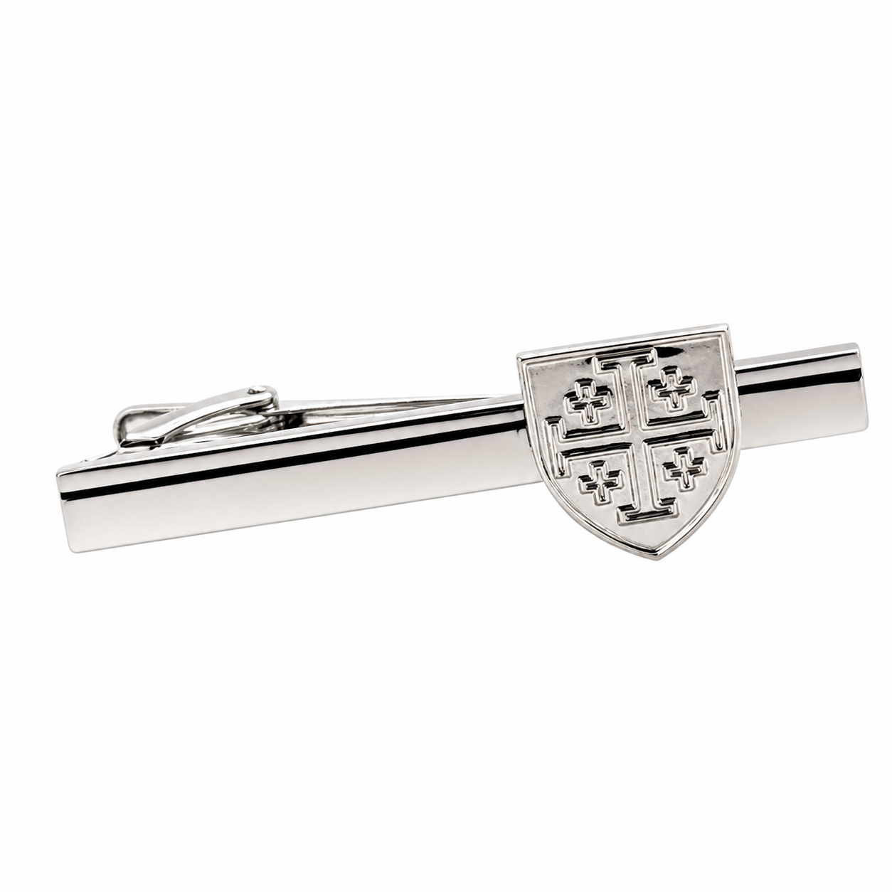 Jerusalem cross tie clip silver Christian mens tie bar close up