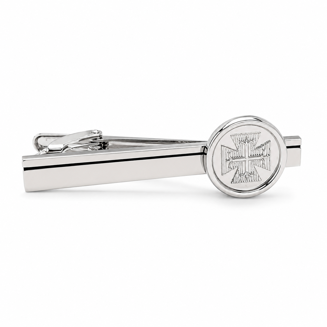 Silver Templar Cross tie clip for men with engraved medieval Christian cross emblem and polished silver finish on white background