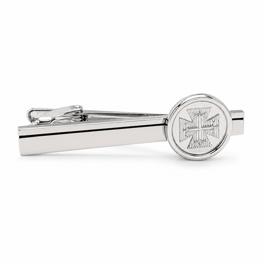 Silver Templar Cross tie clip for men with engraved medieval Christian cross emblem and polished silver finish on white background