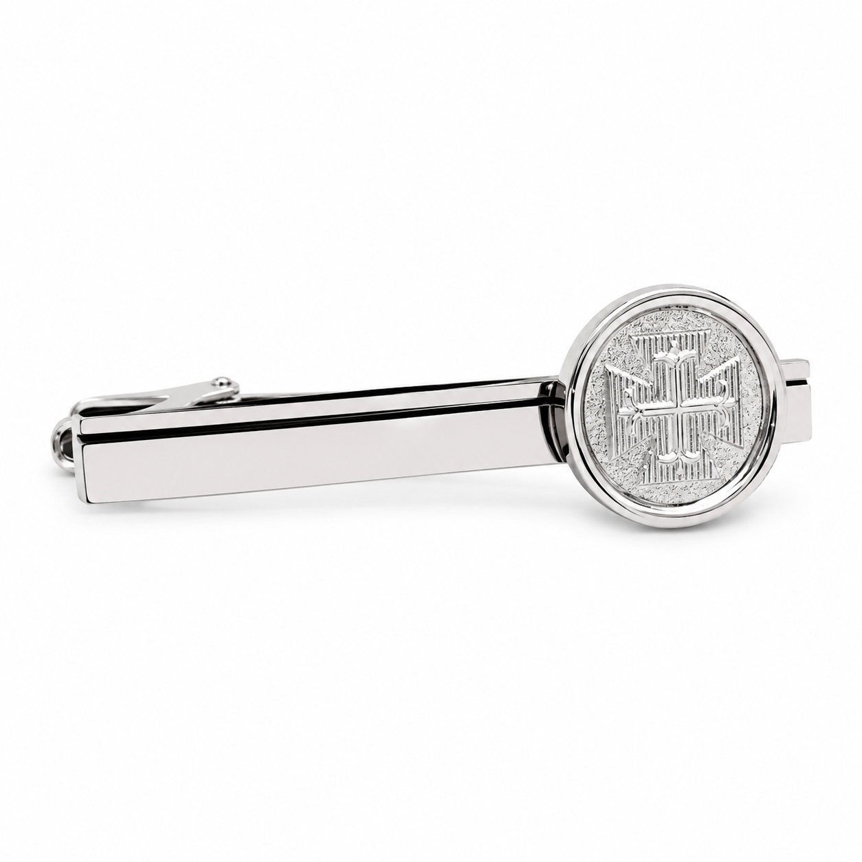 Silver Templar Cross tie clip for men with engraved medieval Christian cross emblem and polished silver finish on white background
