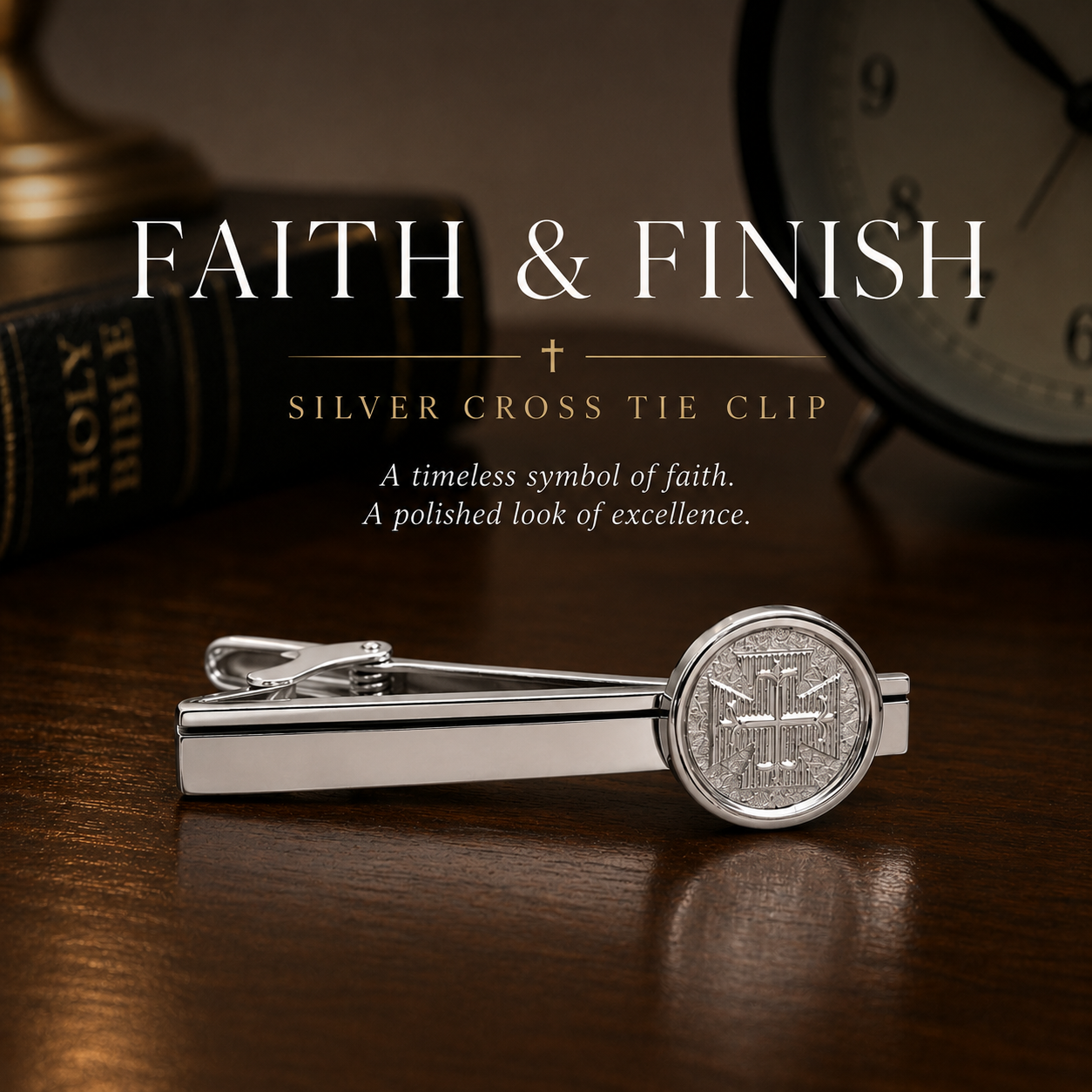 Silver cross tie clip on a wooden surface with 'Faith & Finish' branding.