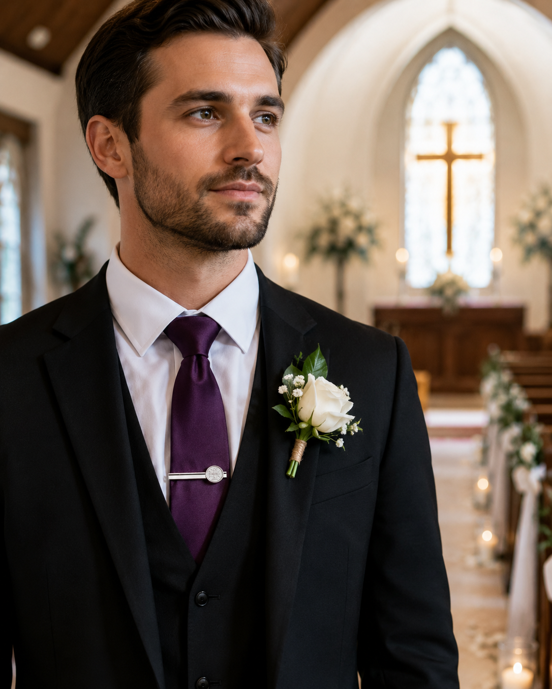 Man in a black suit with a purple tie and white flower boutonniere in a church setting.