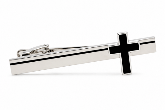 Silver tie clip with a black cross on a white background