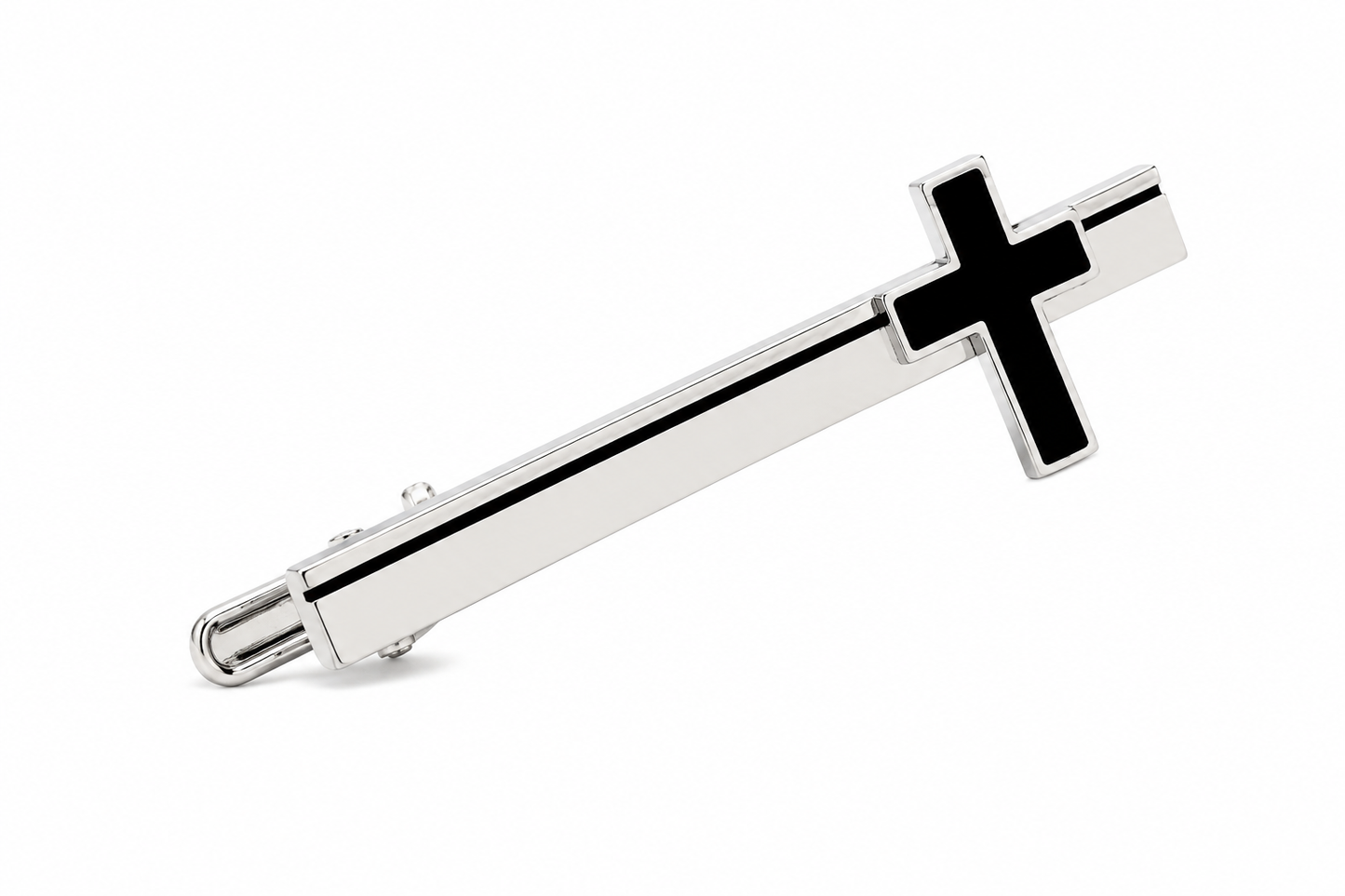 Silver tie clip with a black cross on a white background