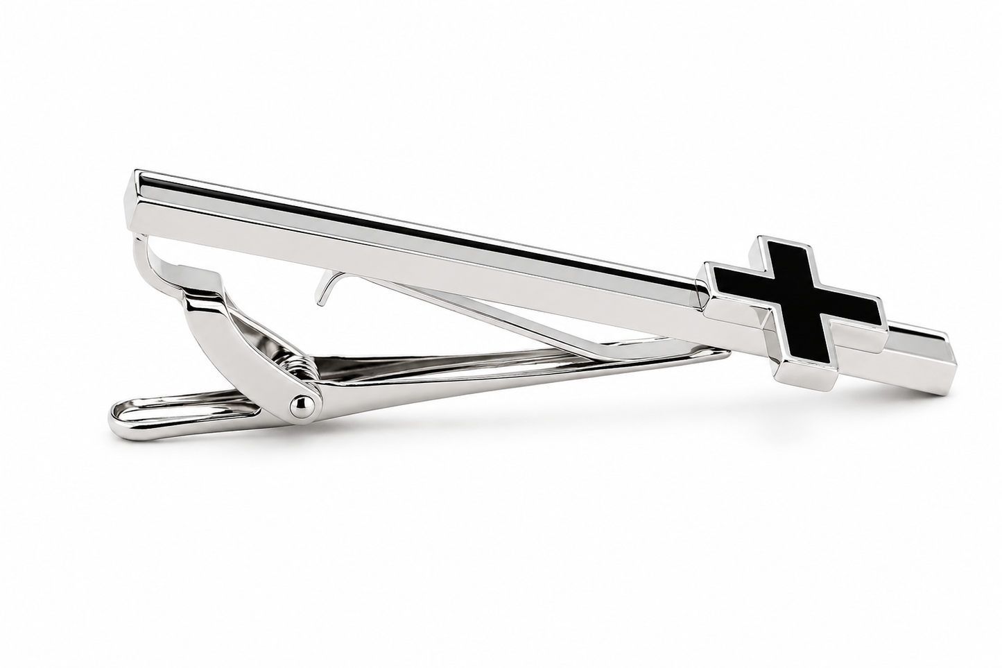 Silver tie clip with black cross design on a white background