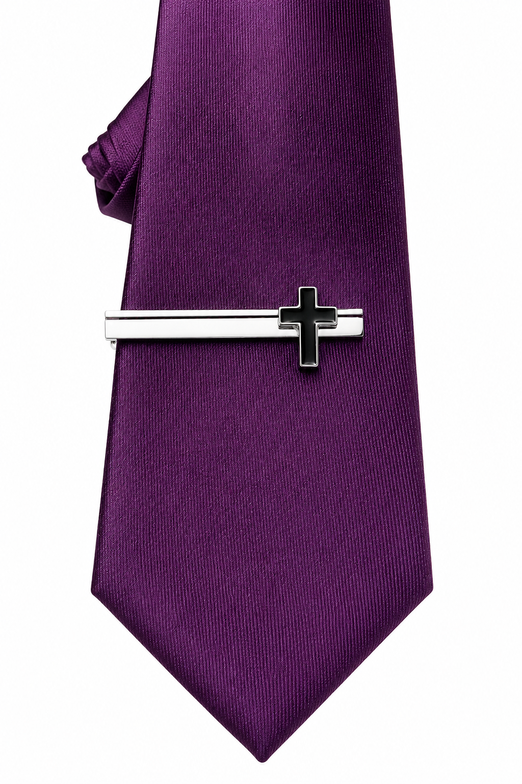 Purple tie with a silver and black cross-shaped tie clip on a white background