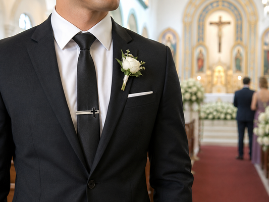 Man in a black suit with a white shirt and tie, standing in a church. Silver tie clip black cross