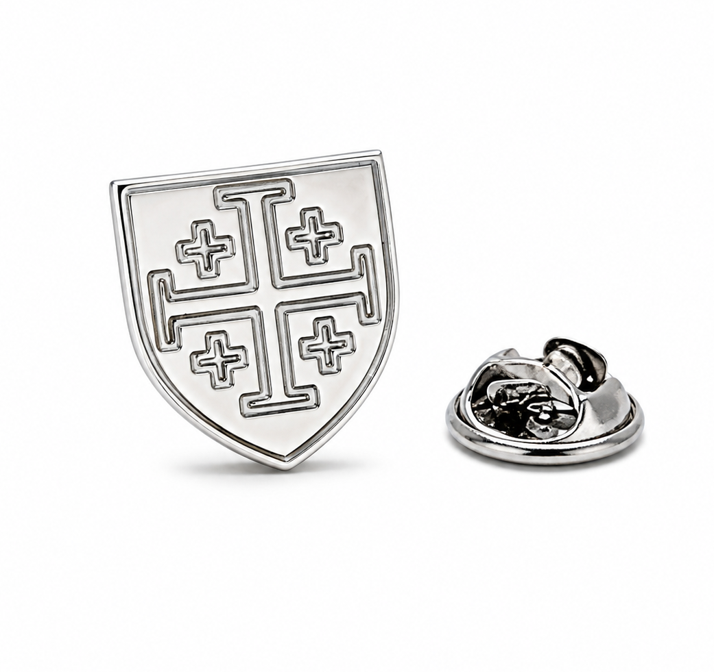 Silver Jerusalem Cross lapel pin on white background with butterfly clutch backing