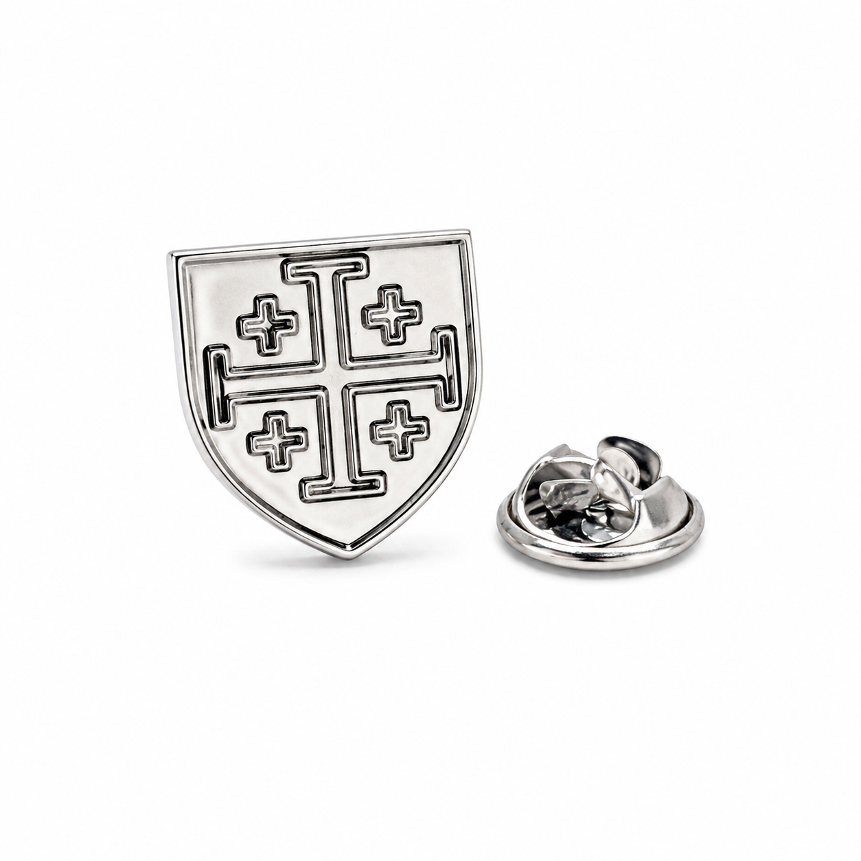 Silver Jerusalem Cross lapel pin on white background with butterfly clutch backing