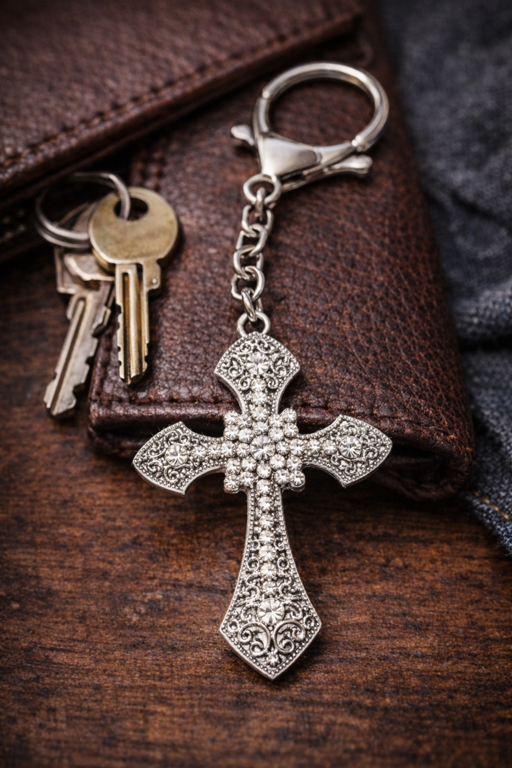 Silver cross keychain with keys on a wooden surface