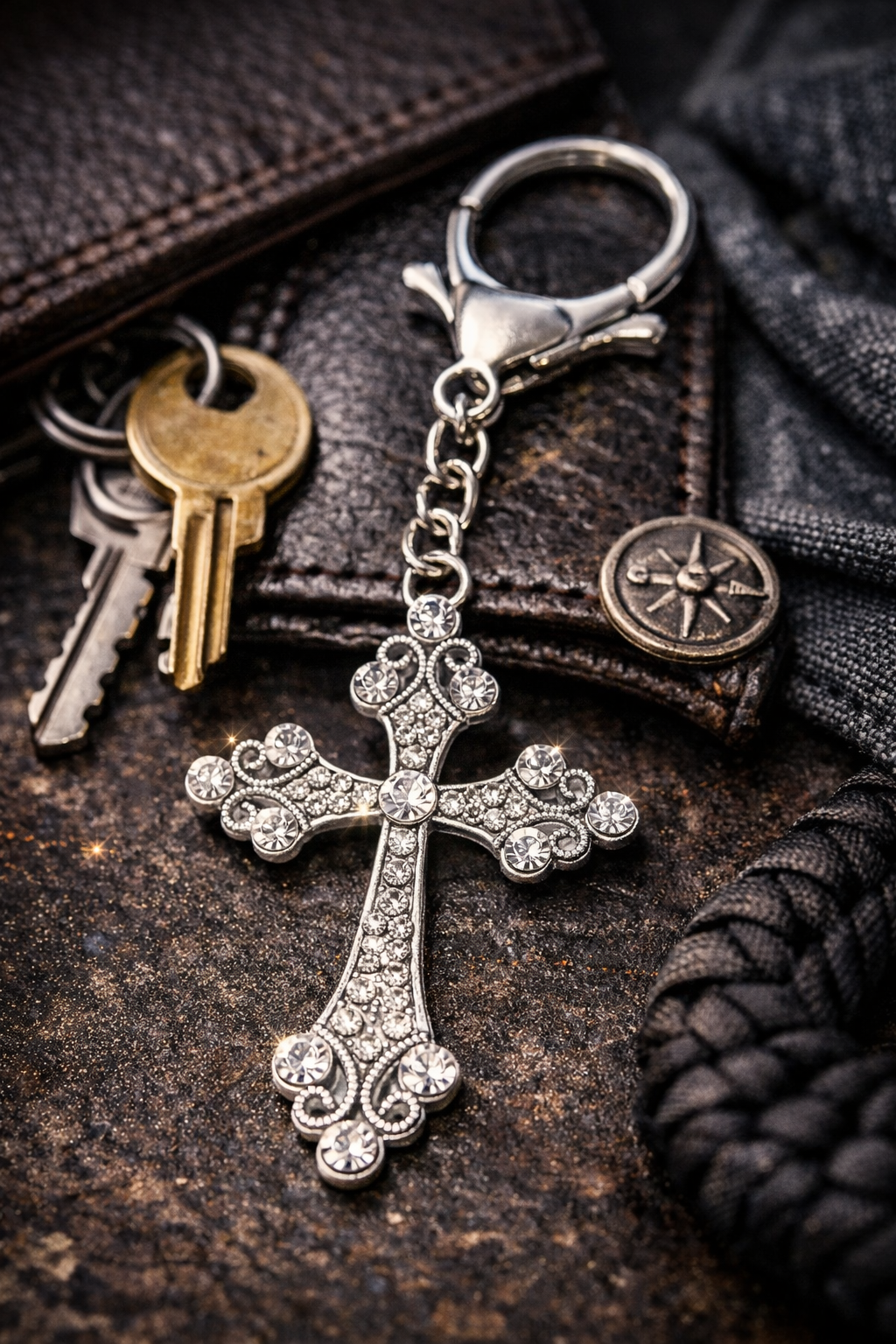 Silver cross keychain with keys on a textured surface