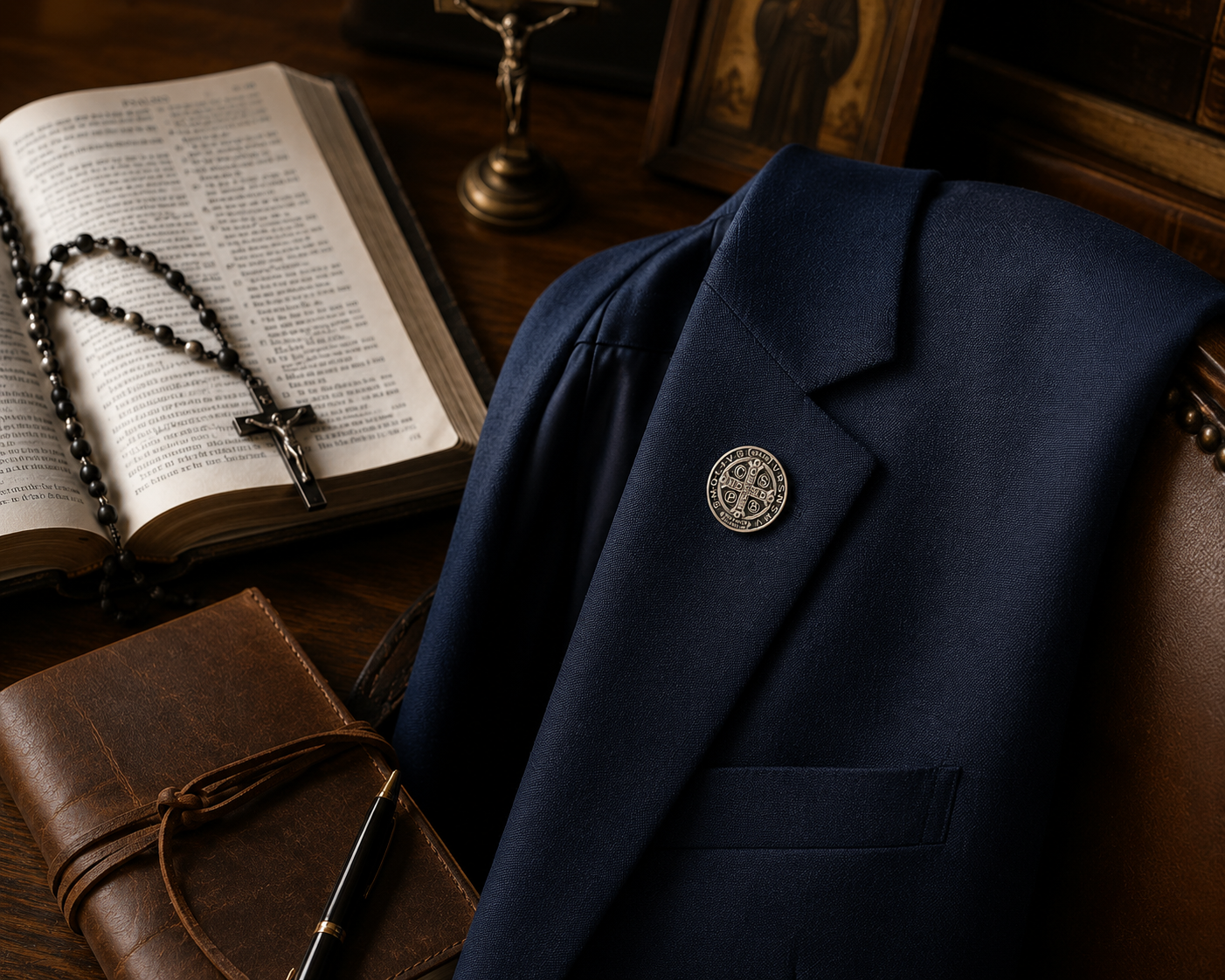 Navy blazer with a decorative button next to an open book and leather-bound notebook. Saint Benedict Medal Lapel Pin Silver Catholic Christian Religious Pin for Men