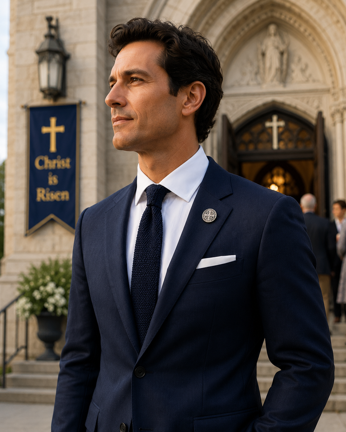 Man in a navy suit standing in front of a church with 'Christ is Risen' sign. Saint Benedict Medal Lapel Pin Silver Catholic Christian Religious Pin for Men