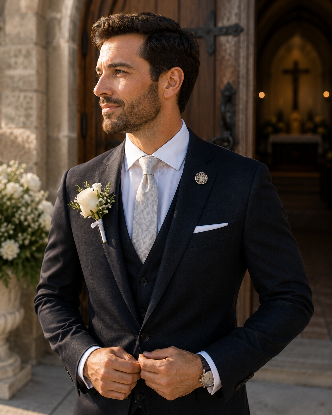 Man in a formal suit standing in front of a church entrance Saint Benedict Medal Lapel Pin Silver Catholic Christian Religious Pin for Men