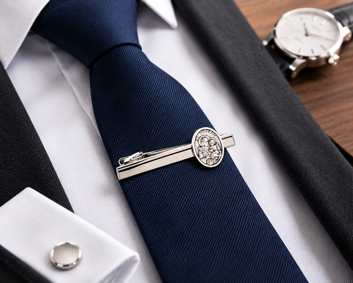 Navy blue tie with a silver tie clip on a white shirt, with a watch in the background.