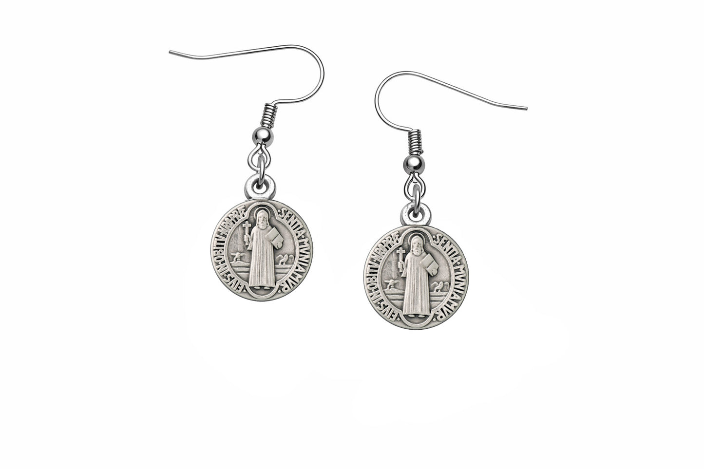 Silver Saint Benedict medallion earrings on a white background
