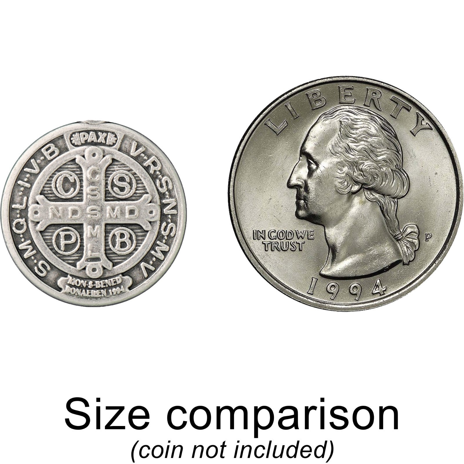 Two coins for size comparison on a white background, with 'Liberty' on one coin and intricate design on the other.