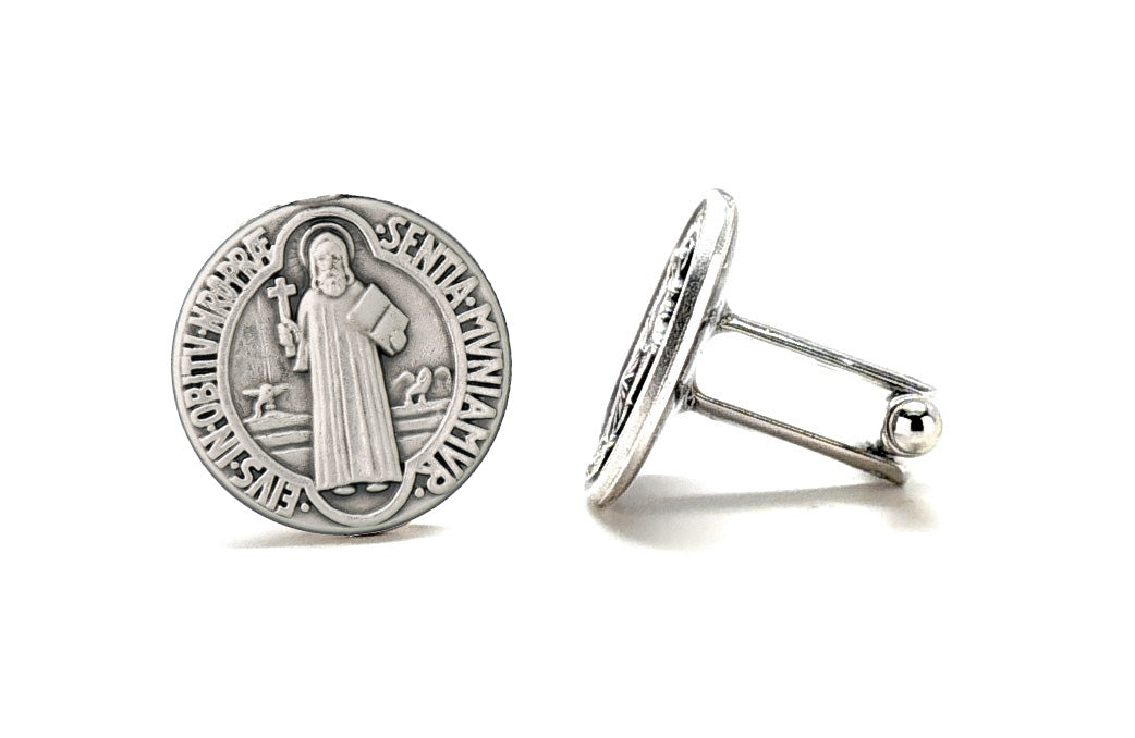 Silver cufflinks with religious design on a white background Catholic St Benedict cufflinks for men