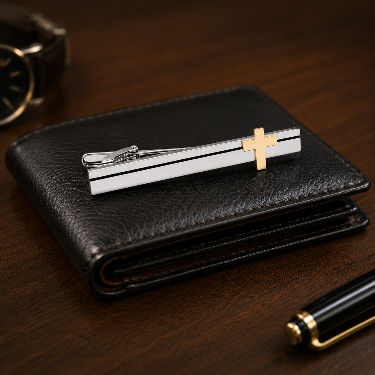 Silver tie clip with gold cross on a black leather wallet with a pen and watch in the background.