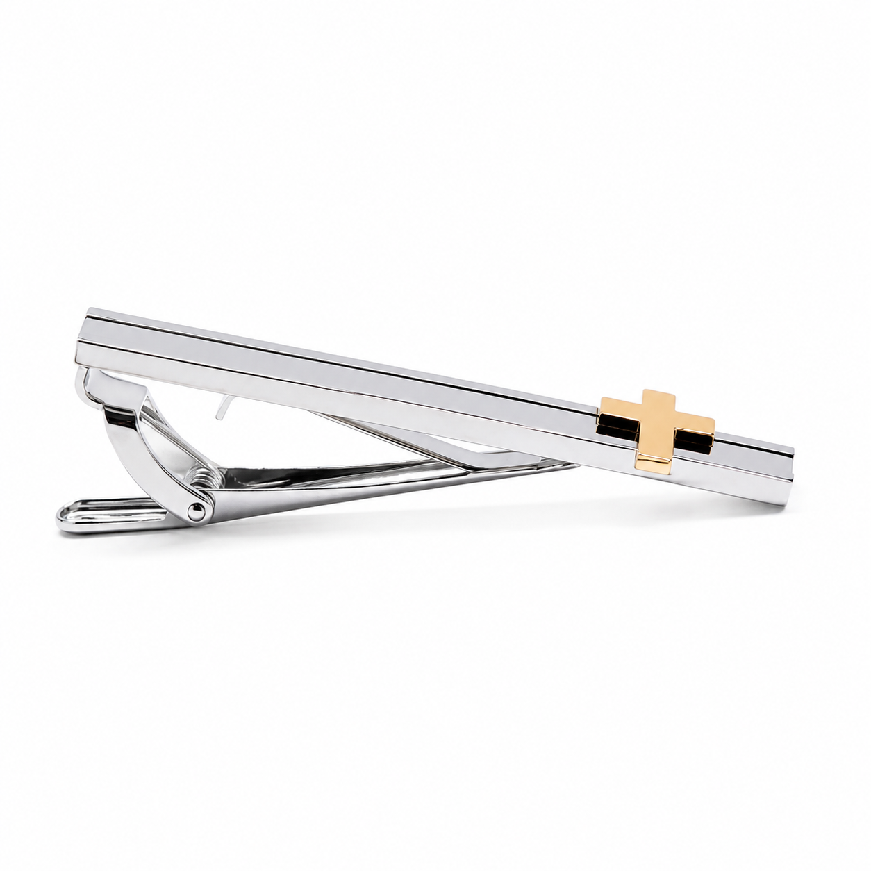 Two-Tone Christian Cross Tie Clip featuring a polished silver tie bar with a gold cross accent for men of faith