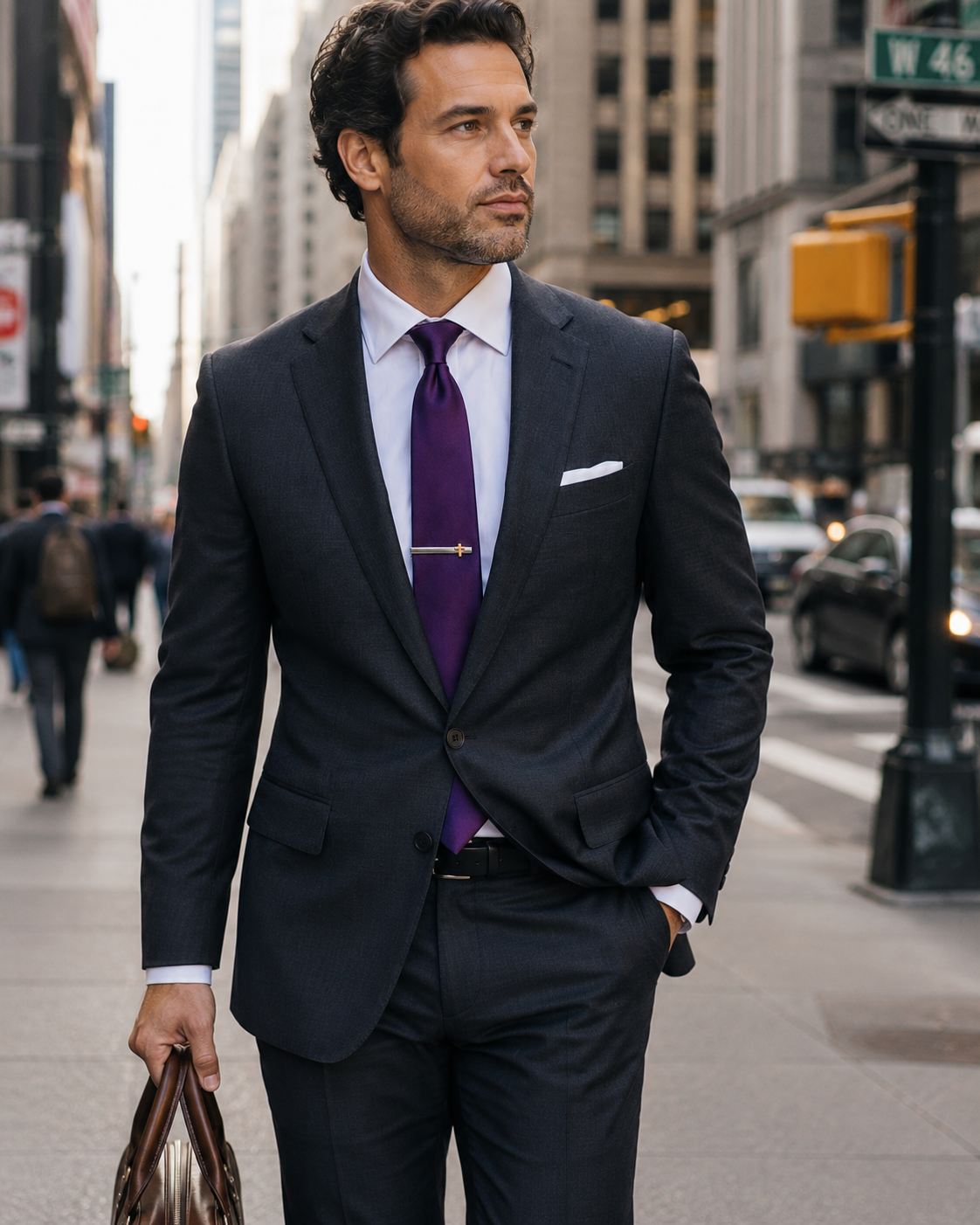 Man in a dark suit with a purple tie walking on a city street. Two-Tone Christian Cross Tie Clip featuring a polished silver tie bar with a gold cross accent for men of faith