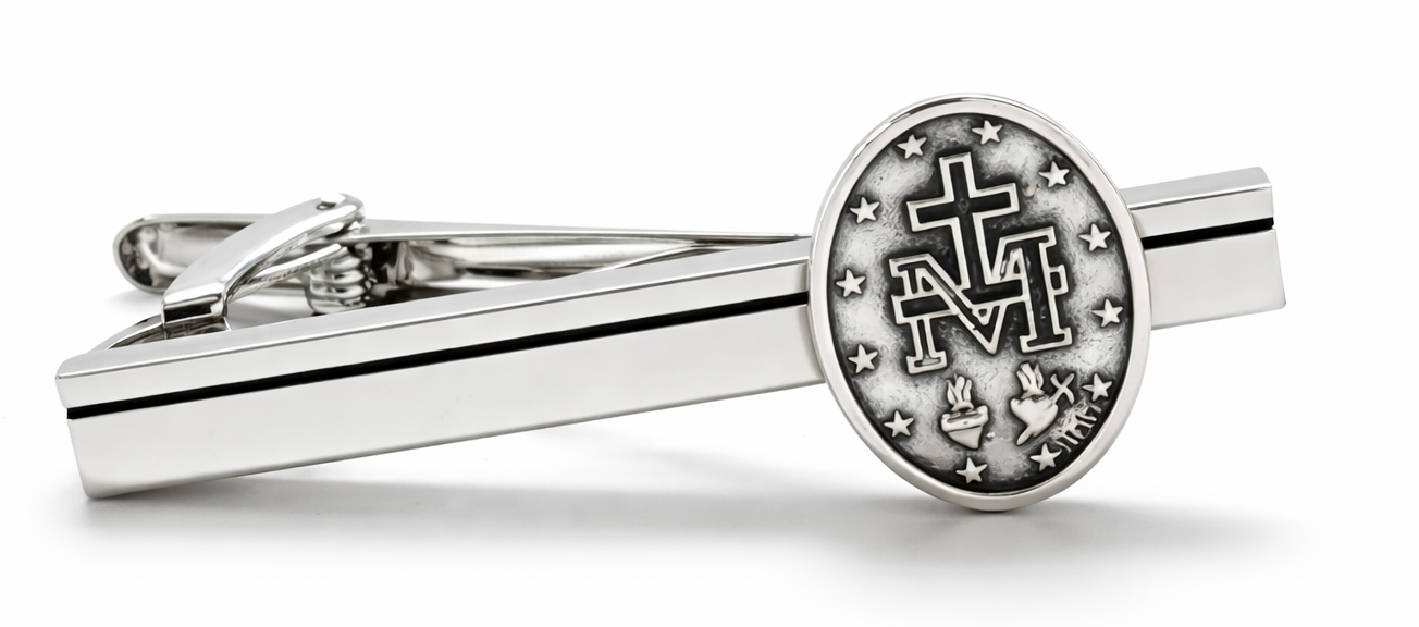 miraculous virgin mary tie clip catholic tie bar silver religious mens accessory