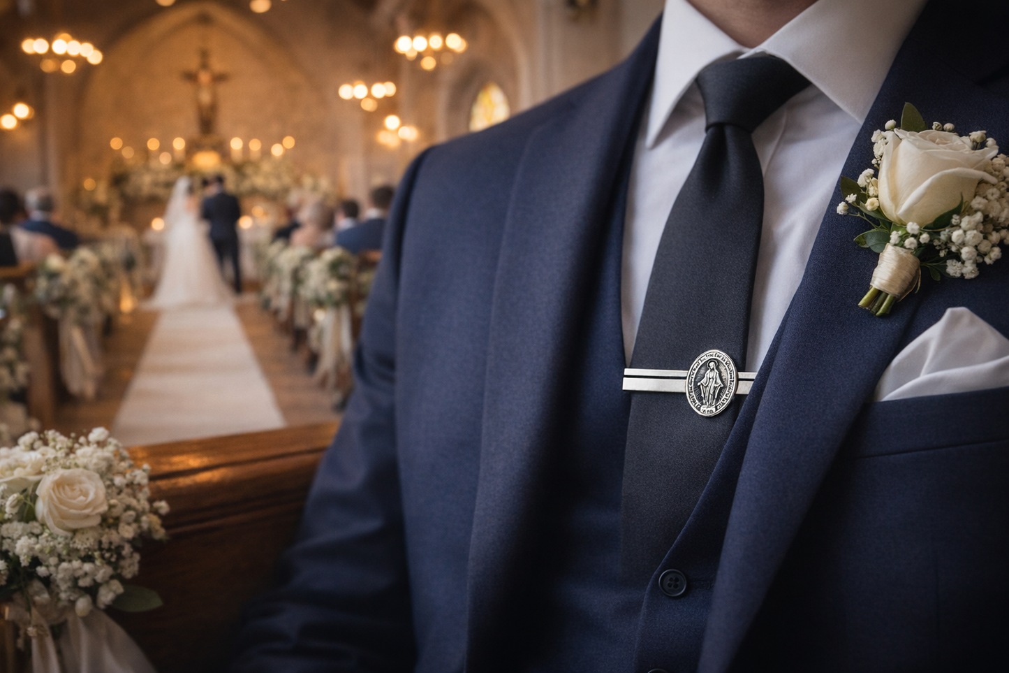 Virgin Mary miraculous medal tie clip silver catholic religious tie bar for men faith jewelry with blue suit