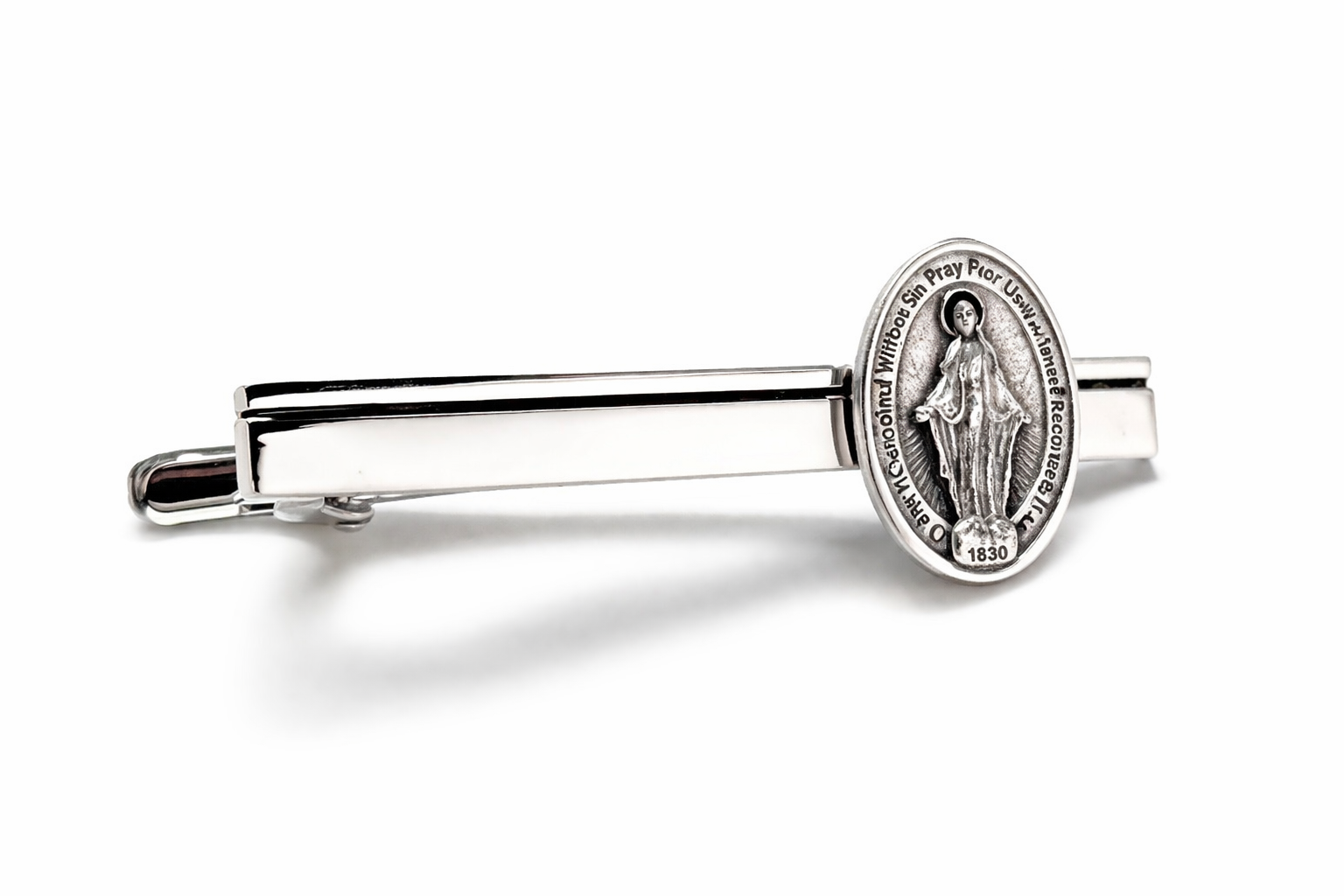 Virgin Mary miraculous medal tie clip silver catholic religious tie bar for men faith jewelry Close Up