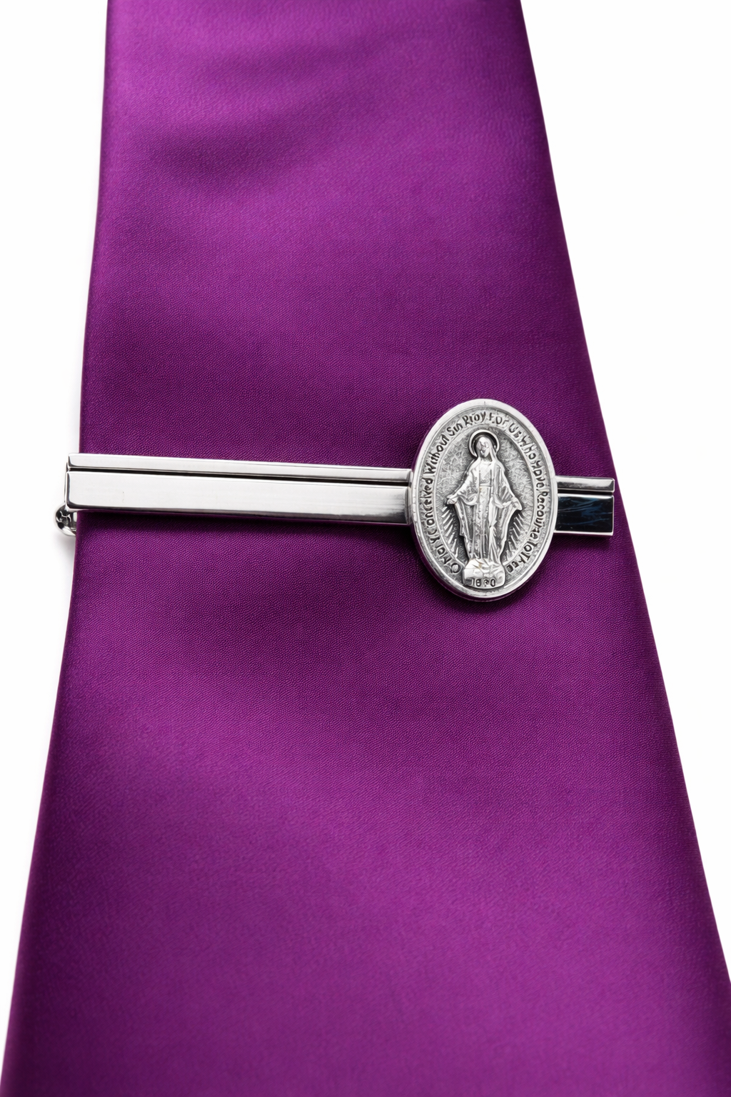 Virgin Mary miraculous medal tie clip silver catholic religious tie bar for men faith jewelry on purple tie