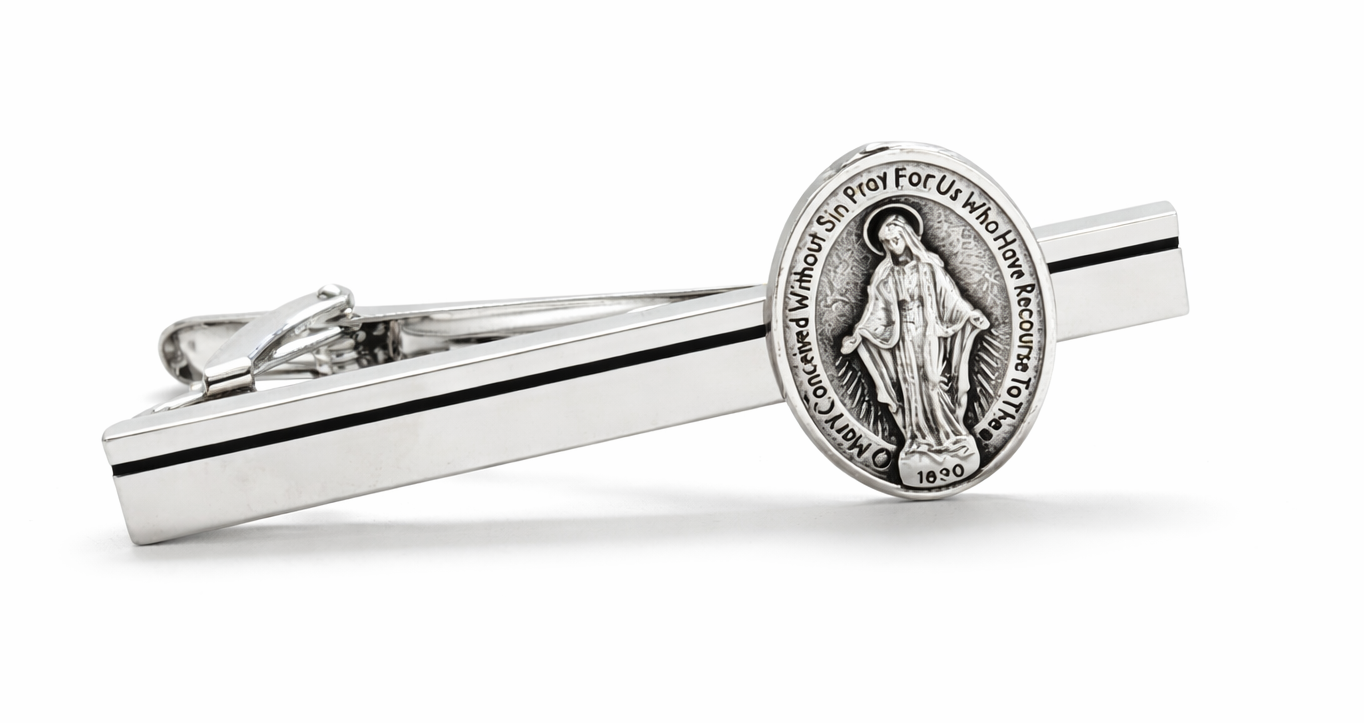 Virgin Mary miraculous medal tie clip silver catholic religious tie bar for men faith jewelry