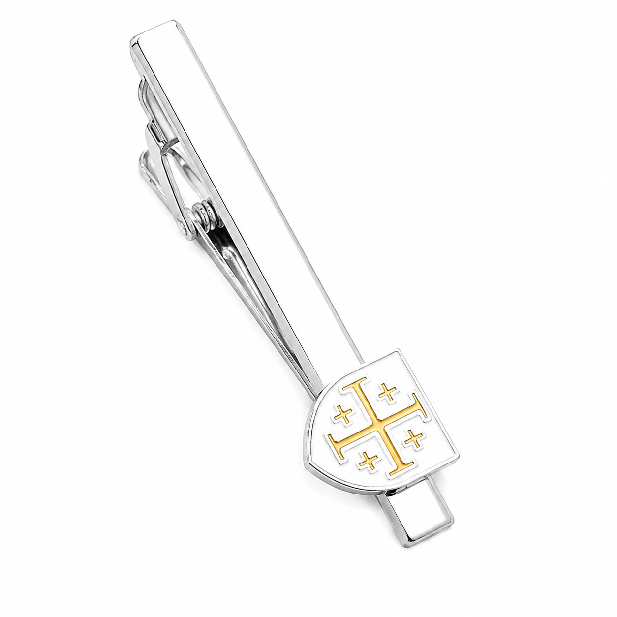 White and gold Jerusalem Cross tie clip in polished silver finish for Christian men, ideal for church, weddings, and formal wear.