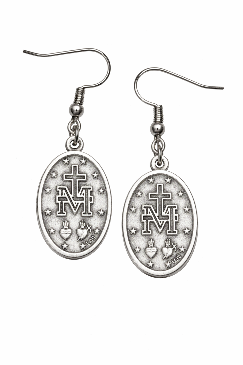 silver tone catholic miraculous medal earrings