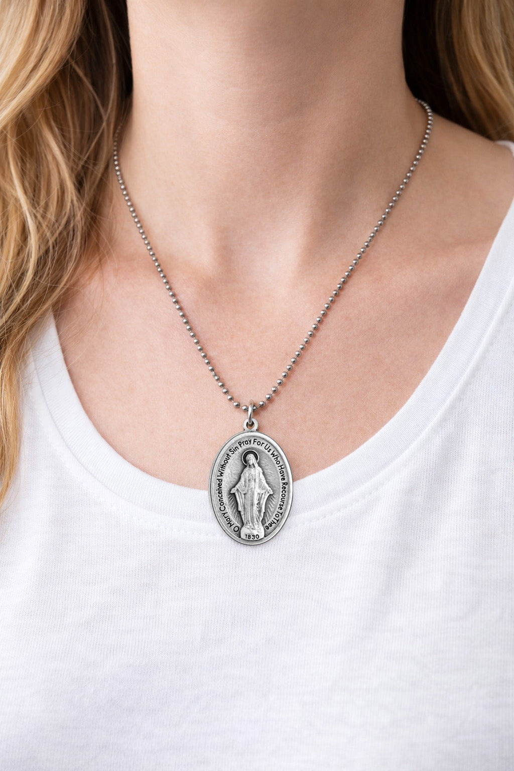 virgin mary miraculous medal necklace worn