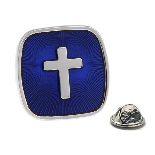 blue enamel catholic cross lapel pin silver tone