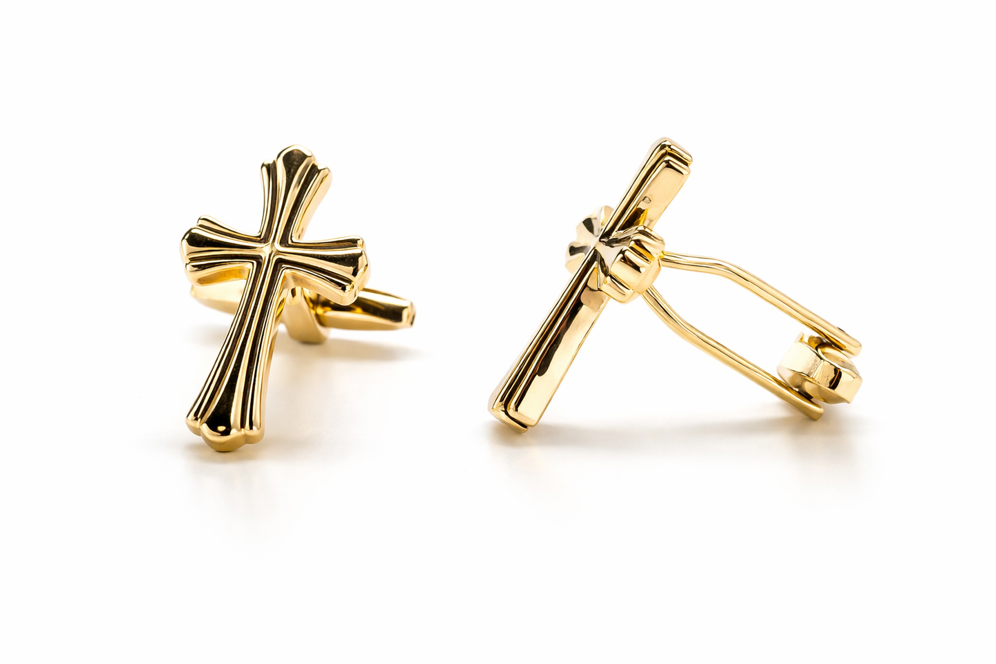 christian gold cross cufflinks front view