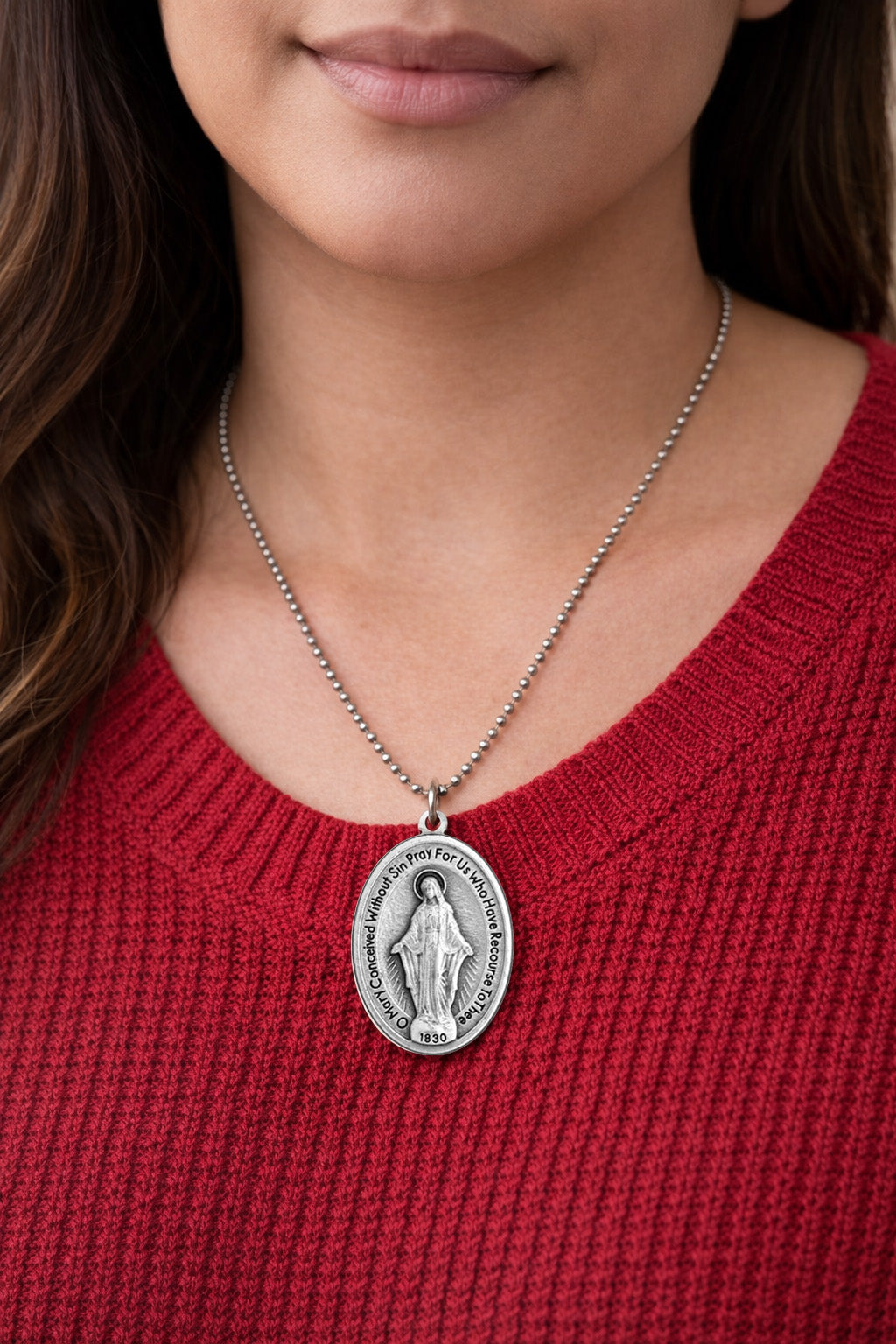 virgin mary miraculous medal necklace worn