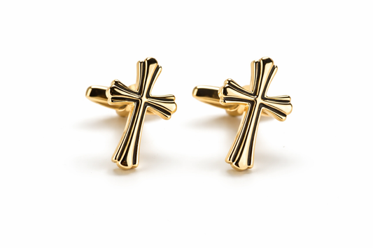 gold cross cufflinks with black enamel accents