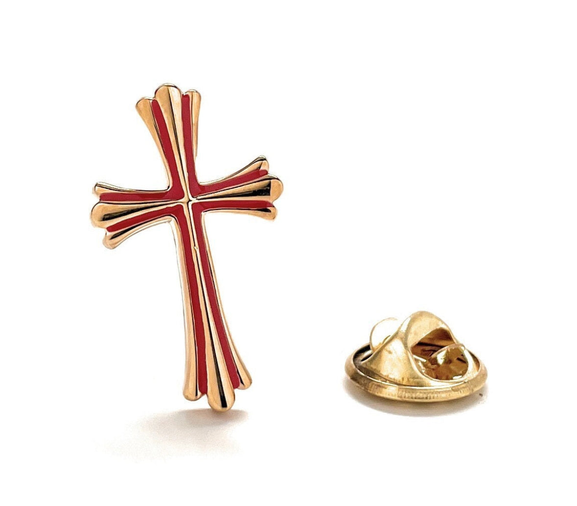 gold cross lapel pin with red enamel