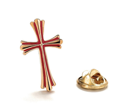 gold cross lapel pin with red enamel