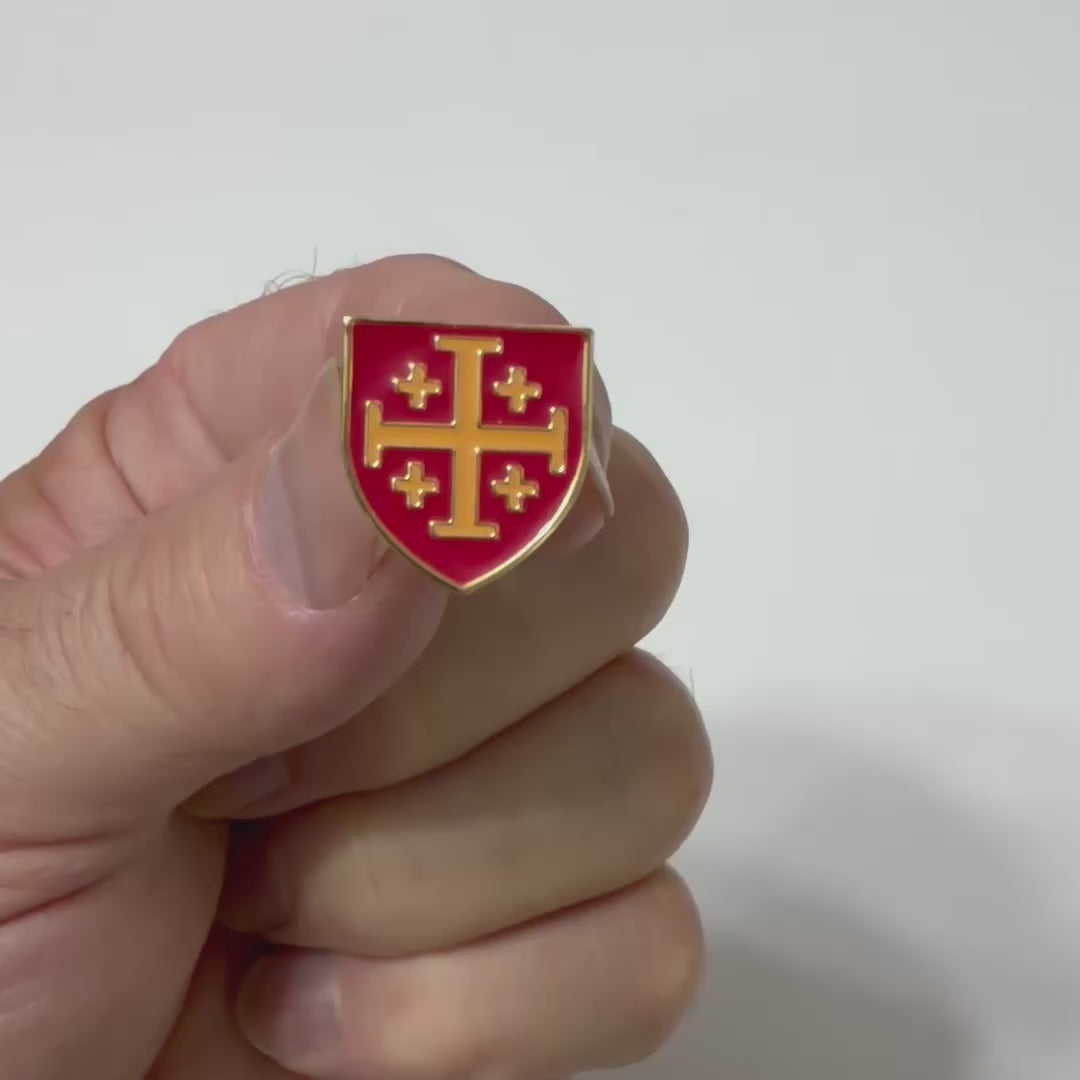 Jerusalem Cross shield lapel pin Gold and Red Enamel